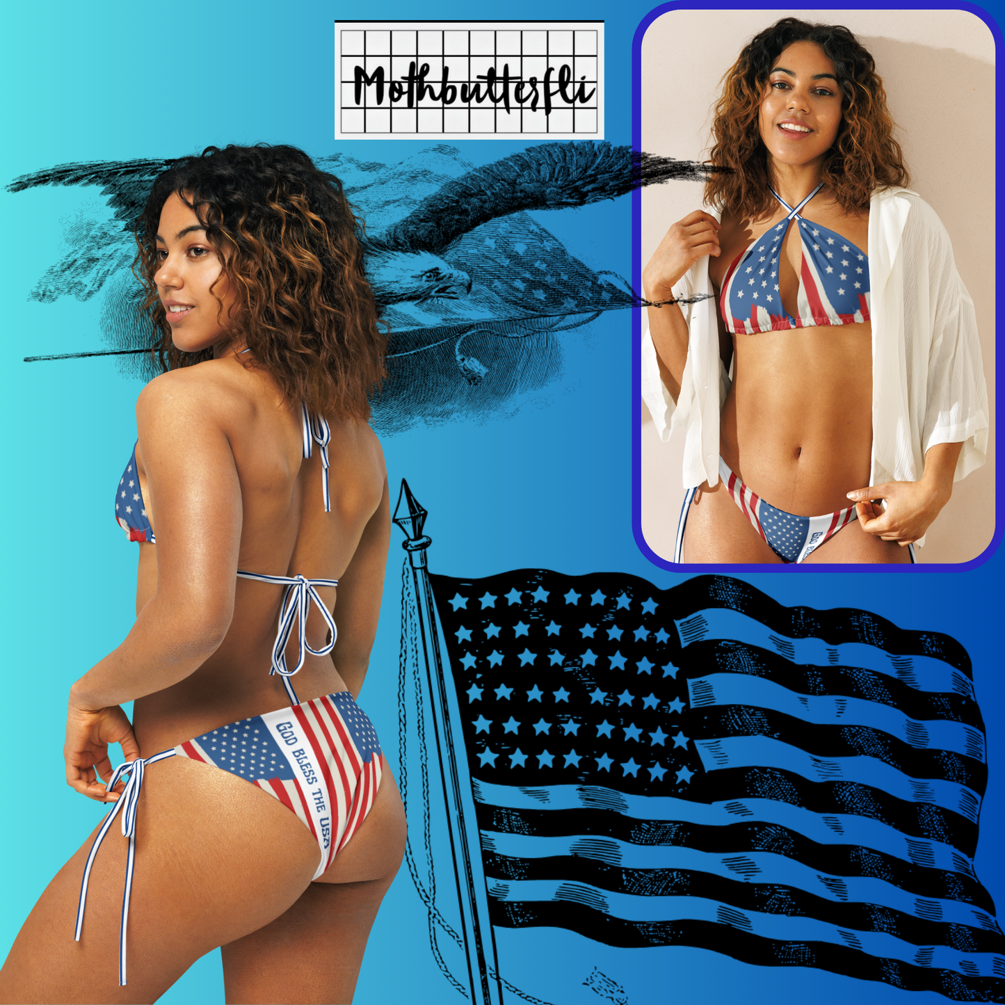 American Flag Blessed Freedom string bikini