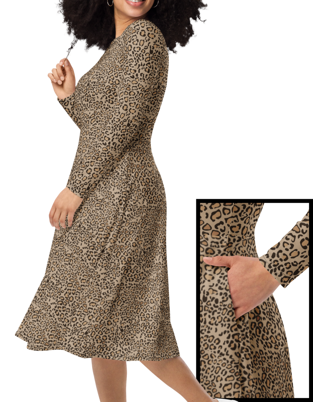 Leopard print long sleeve midi dress
